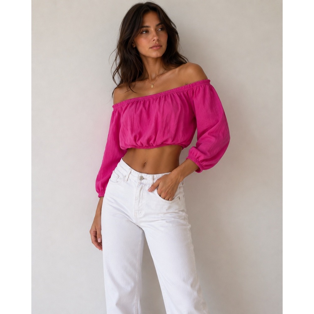 Lulus Womens Hot Pink Off Shoulder Long Sleeve Crop Top Size L NWT